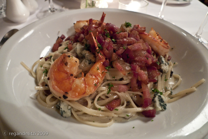 blue cheese linguini carbonara with roasted smoked bacon